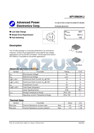 AP15N03J datasheet - N-CHANNEL ENHANCEMENT MODE