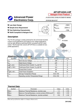 AP15P10GJ-HF datasheet - N-CHANNEL ENHANCEMENT MODE POWER MOSFET