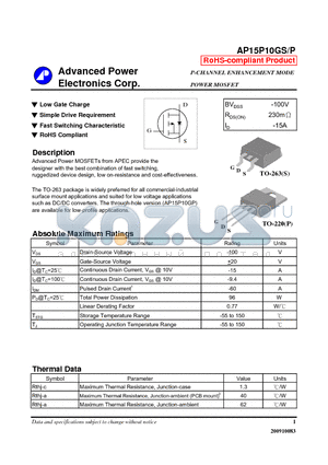 AP15P10GP_09 datasheet - N-CHANNEL ENHANCEMENT MODE POWER MOSFET