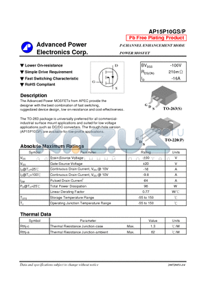 AP15P10GP datasheet - P-CHANNEL ENHANCEMENT MODE POWER MOSFET