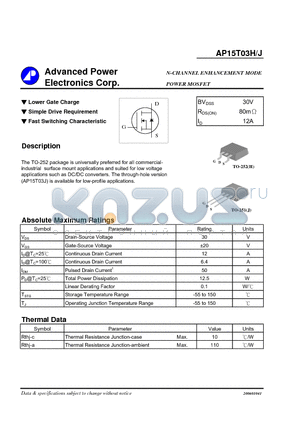 AP15T03J datasheet - N-CHANNEL ENHANCEMENT MODE POWER MOSFET