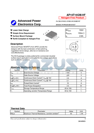 AP15T15GM-HF datasheet - N-CHANNEL ENHANCEMENT MODE POWER MOSFET