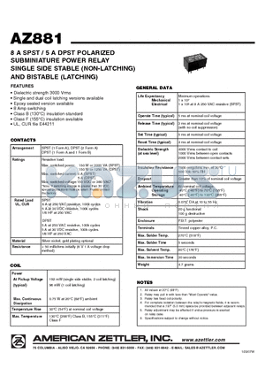 AZ881-1A-3D datasheet - 8 A SPST / 5 A DPST POLARIZED SUBMINIATURE POWER RELAY SINGLE SIDE STABLE (NON-LATCHING) AND BISTABLE (LATCHING)
