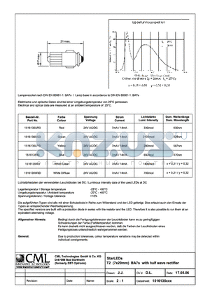 1516135UR3 datasheet - StarLEDs T2 (7x20mm) BA7s with half wave rectifier