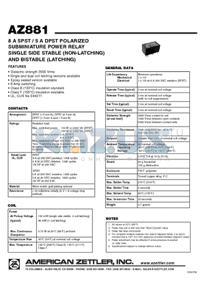 AZ881-2A-6D datasheet - 8 A SPST / 5 A DPST POLARIZED SUBMINIATURE POWER RELAY SINGLE SIDE STABLE (NON-LATCHING) AND BISTABLE (LATCHING)