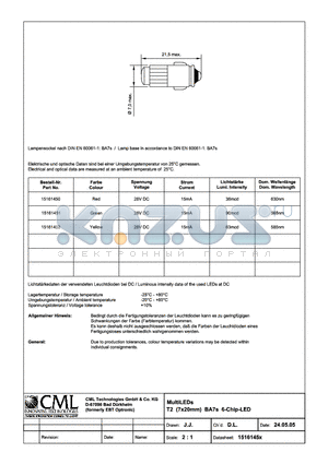15161451 datasheet - MultiLEDs T2 (7x20mm) BA5s 6-Chip-LED
