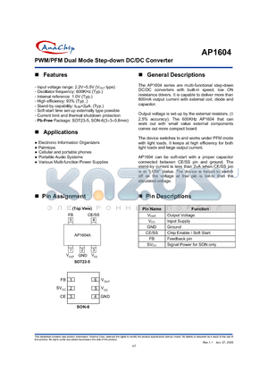 AP1604A datasheet - PWM/PFM Dual Mode Step-down DC/DC Converter