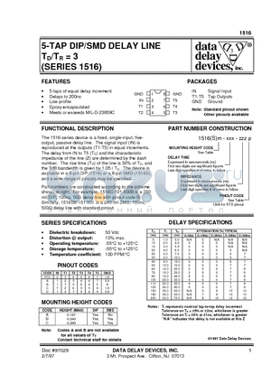 1516A-15-2.0A datasheet - 5-TAP DIP/SMD DELAY LINE TD/TR = 3