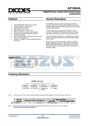 AP1604AWL-7 datasheet - PWM/PFM DUAL MODE STEP-DOWN DC/DC CONVERTER