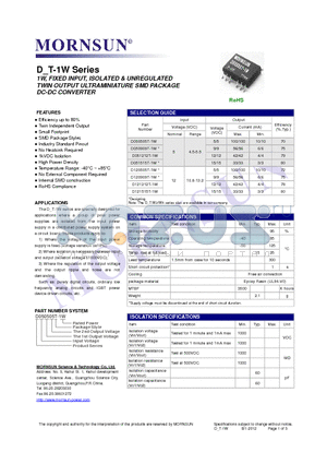 D120909T-1W datasheet - 1W, FIXED INPUT, ISOLATED & UNREGULATED TWIN OUTPUT ULTRAMINIATURE SMD PACKAGE DC-DC CONVERTER