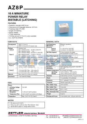 AZ8P1-1CH-24DE datasheet - 10 A MINIATURE POWER RELAY BISTABLE (LATCHING)