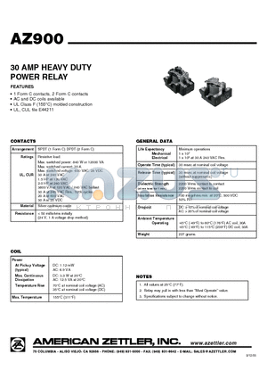 AZ900-1C-110D datasheet - 30 AMP HEAVY DUTY POWER RELAY