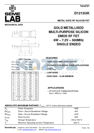 D1213UK datasheet - METAL GATE RF SILICON FET