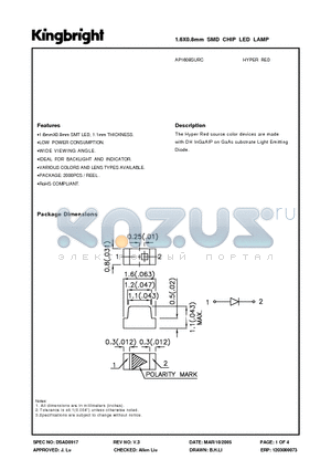 AP1608SURC datasheet - 1.6mmX0.8mm SMT LED, 1.1mm THICKNESS.