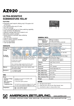 AZ920-1A-12D datasheet - ULTRA-SENSITIVE SUBMINIATURE RELAY