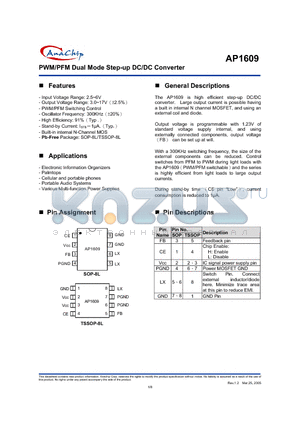 AP1609 datasheet - PWM/PFM Dual Mode Step-up DC/DC Converter