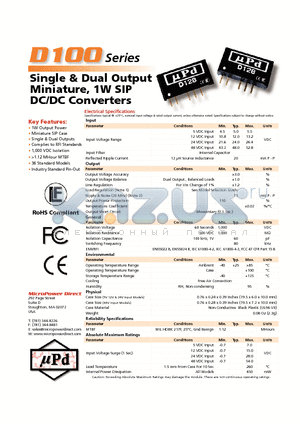 D122 datasheet - Single & Dual Output Miniature, 1W SIP DC/DC Converters