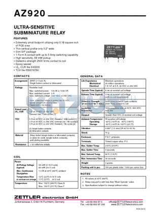 AZ920-1A-5DE datasheet - ULTRA-SENSITIVE SUBMINIATURE RELAY