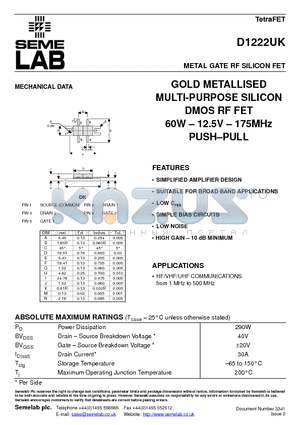 D1222UK datasheet - GOLD METALLISED MULTI-PURPOSE SILICON DMOS RF FET 60W - 12.5V - 175MHz PUSH-PULL