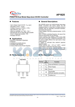 AP1625WA datasheet - PWM/PFM Dual Mode Step-down DC/DC Controller