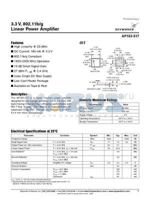 AP163-317 datasheet - 3.3 V, 802.11b/g Linear Power Amplifier