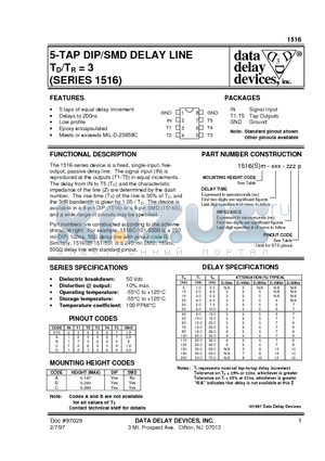 1516B-30-3.0A datasheet - 5-TAP DIP/SMD DELAY LINE TD/TR = 3