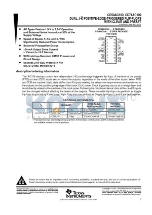 CD74AC109EE4 datasheet - DUAL J-K POSITIVE-EDGE-TRIGGERED FLIP-FLOPS WITH CLEAR AND PRESET