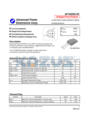 AP16N50I-HF datasheet - N-CHANNEL ENHANCEMENT MODE POWER MOSFET