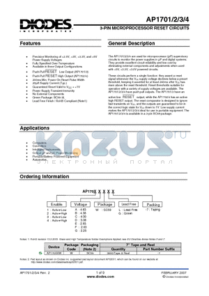 AP1701 datasheet - 3-PIN MICROPROCESSOR RESET CIRCUITS