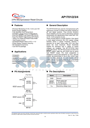 AP1701 datasheet - 3-Pin Microprocessor Reset Circuits