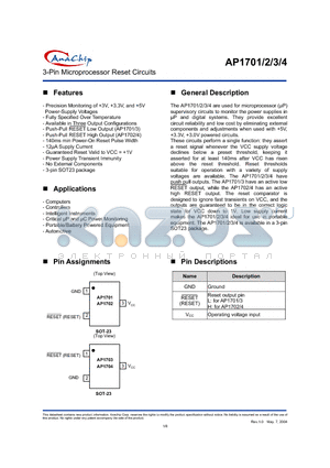 AP1701AW datasheet - 3-Pin Microprocessor Reset Circuits