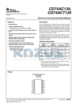 CD74AC139E datasheet - Dual 2-to-4-Line Decoder/Demultiplexer