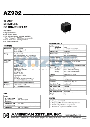 AZ932 datasheet - 15 AMP MINIATURE PC BOARD RELAY
