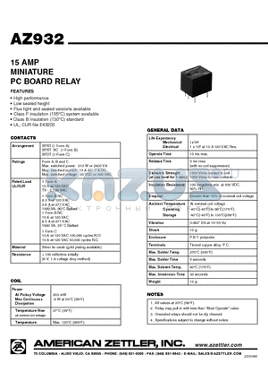 AZ932-1CH-3D datasheet - 15 AMP MINIATURE PC BOARD RELAY