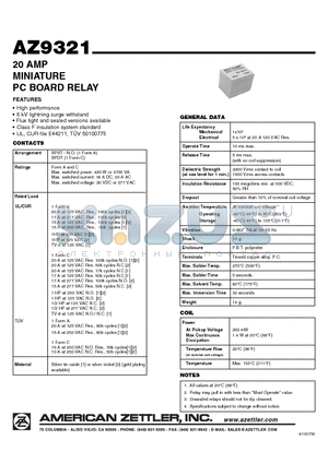 AZ9321 datasheet - 20 AMP MINIATURE PC BOARD RELAY