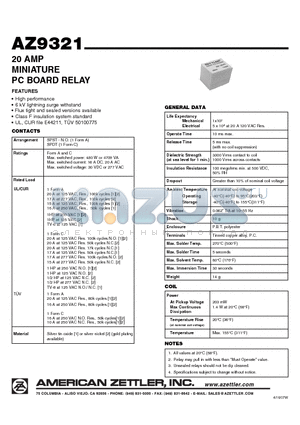 AZ9321-1A-9DF datasheet - 20 AMP MINIATURE PC BOARD RELAY