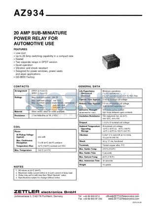AZ934 datasheet - 20 AMP SUB-MINIATURE POWER RELAY FOR AUTOMOTIVE USE
