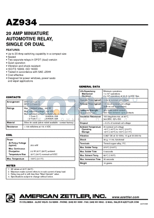 AZ934 datasheet - 20 AMP MINIATURE AUTOMOTIVE RELAY, SINGLE OR DUAL