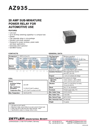 AZ935 datasheet - 20 AMP SUB-MINIATURE POWER RELAY FOR AUTOMOTIVE USE
