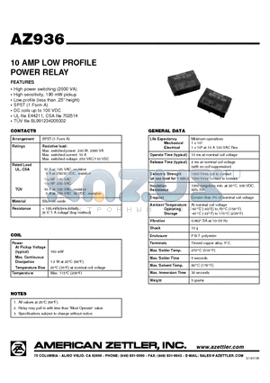 AZ936-1A-100DE datasheet - 10 AMP LOW PROFILE POWER RELAY
