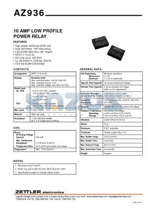 AZ936-1A-12D datasheet - 10 AMP LOW PROFILE POWER RELAY