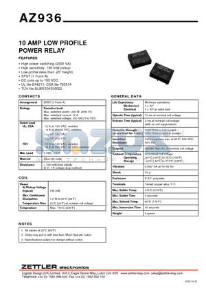 AZ936-1A-12DE datasheet - 10 AMP LOW PROFILE POWER RELAY