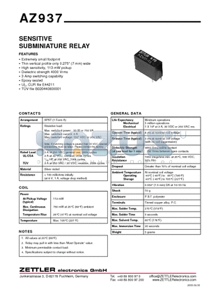 AZ937-3 datasheet - SENSITIVE SUBMINIATURE RELAY