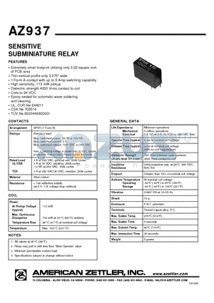 AZ937-3 datasheet - SENSITIVE SUBMINIATURE RELAY