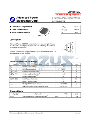 AP1801GU datasheet - P-CHANNEL ENHANCEMENT MODE POWER MOSFET