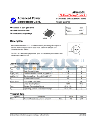 AP1802GU datasheet - N-CHANNEL ENHANCEMENT MODE POWER MOSFET