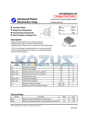 AP18N20AGS-HF datasheet - N-CHANNEL ENHANCEMENT MODE POWER MOSFET