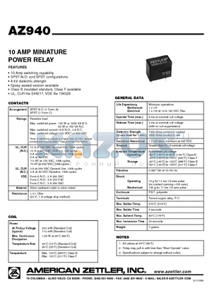 AZ940 datasheet - 10 AMP MINIATURE POWER RELAY