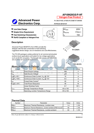 AP18N20GP-HF datasheet - N-CHANNEL ENHANCEMENT MODE POWER MOSFET