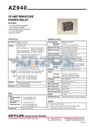 AZ940-1A-12DS datasheet - 10 AMP MINIATURE POWER RELAY